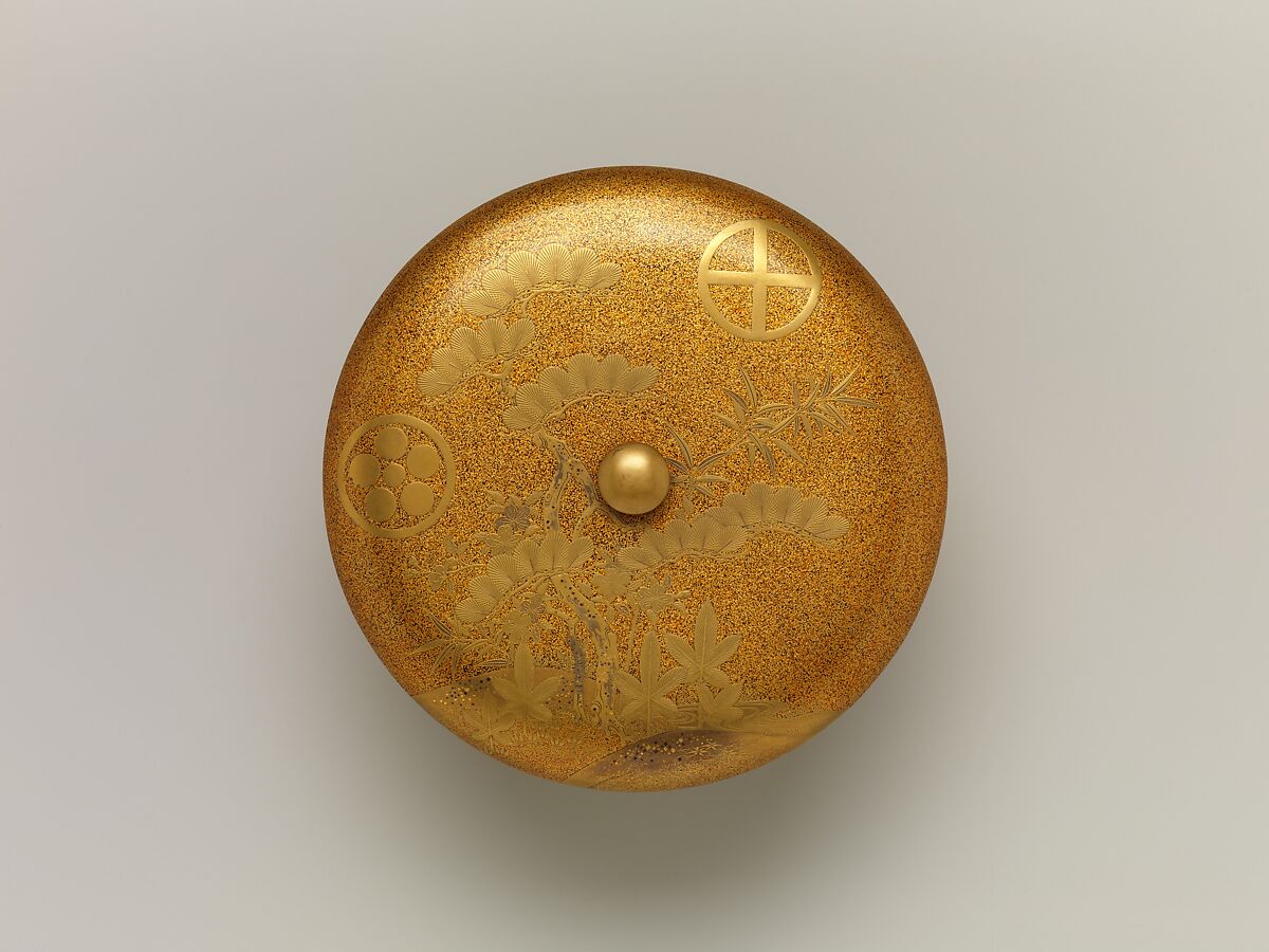 Covered Bowl with Design of Pine, Bamboo, and Cherry Blossom, Sprinkled gold on lacquer (maki-e), Japan
