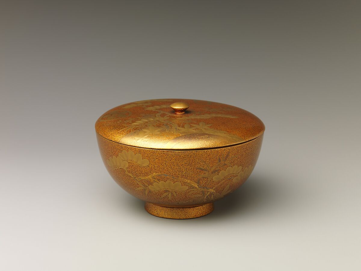 Covered Bowl with Design of Pine, Bamboo, and Cherry Blossom, Sprinkled gold on lacquer (maki-e), Japan 