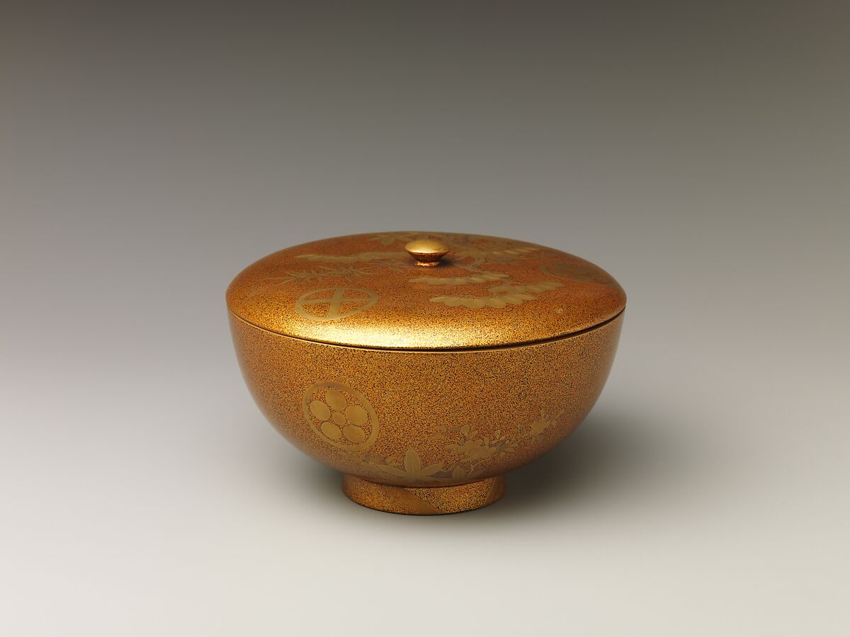 Covered Bowl with Design of Pine, Bamboo, and Cherry Blossom, Sprinkled gold on lacquer (maki-e), Japan