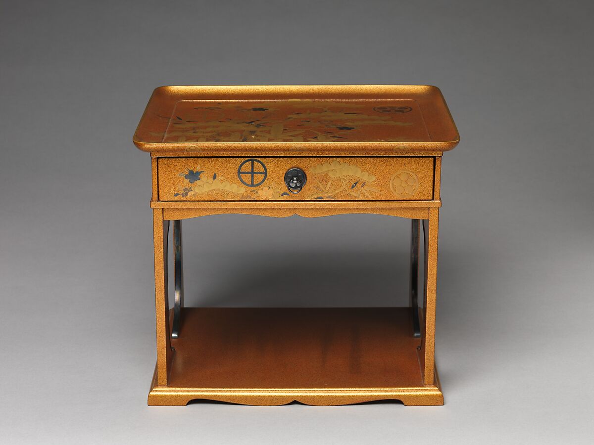 Cosmetic Stand with Pine, Bamboo, and Cherry Blossom from a Wedding Set, Lacquered wood with gold, silver takamaki-e, hiramaki-e, cut-out gold foil application on nashiji (“pear-skin”) ground, Japan