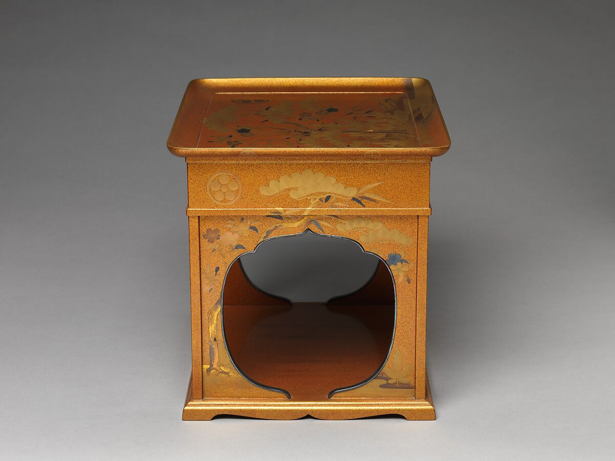 Cosmetic Stand with Pine, Bamboo, and Cherry Blossom from a Wedding Set, Lacquered wood with gold, silver takamaki-e, hiramaki-e, cut-out gold foil application on nashiji (“pear-skin”) ground, Japan
