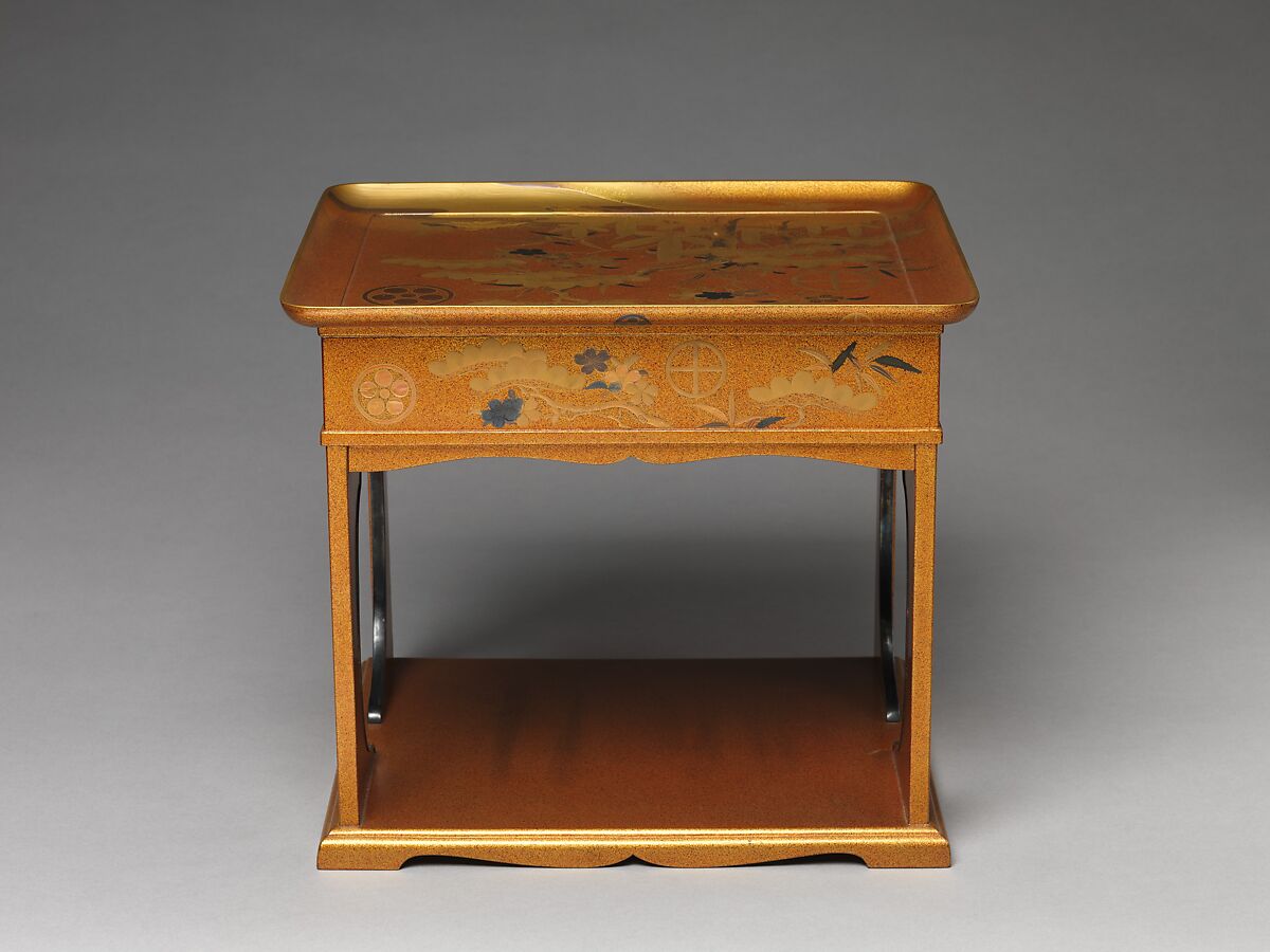 Cosmetic Stand with Pine, Bamboo, and Cherry Blossom from a Wedding Set, Lacquered wood with gold, silver takamaki-e, hiramaki-e, cut-out gold foil application on nashiji (“pear-skin”) ground, Japan