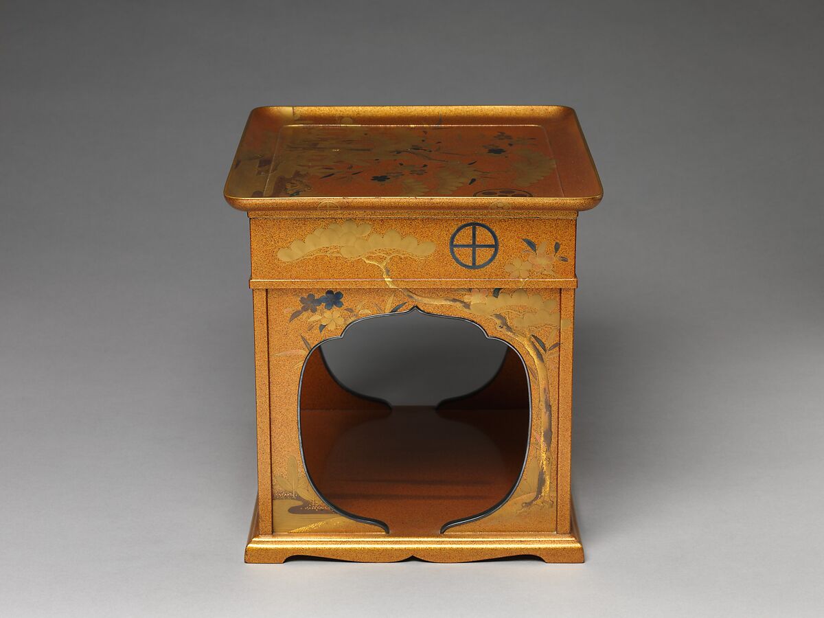 Cosmetic Stand with Pine, Bamboo, and Cherry Blossom from a Wedding Set, Lacquered wood with gold, silver takamaki-e, hiramaki-e, cut-out gold foil application on nashiji (“pear-skin”) ground, Japan