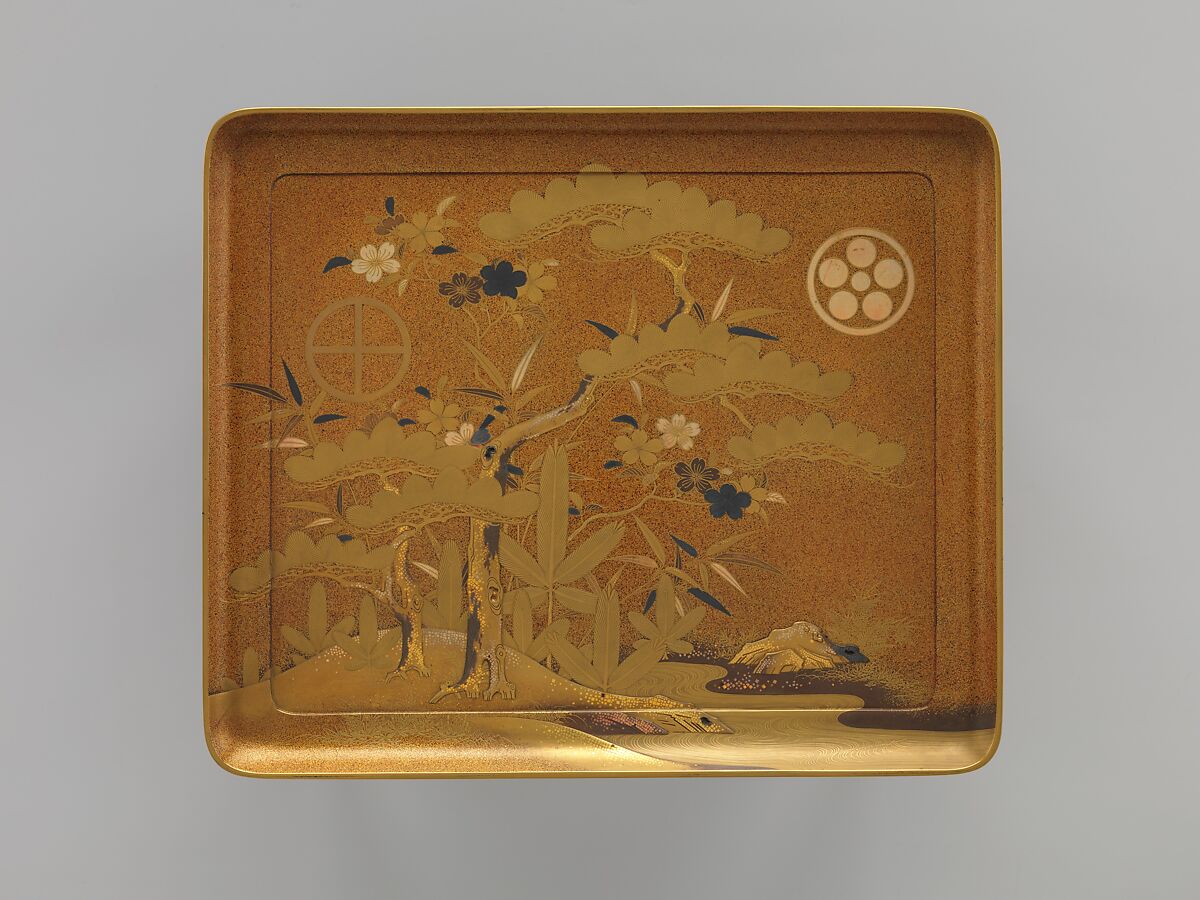 Cosmetic Stand with Pine, Bamboo, and Cherry Blossom from a Wedding Set, Lacquered wood with gold, silver takamaki-e, hiramaki-e, cut-out gold foil application on nashiji (“pear-skin”) ground, Japan