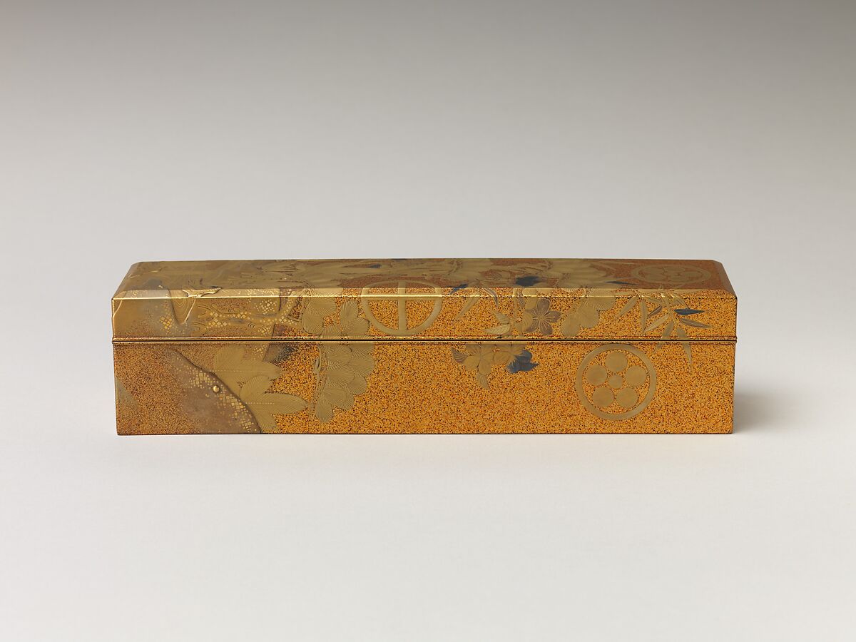 Covered Box with Design of Pine, Bamboo, and Cherry Blossom, Sprinkled gold on lacquer (maki-e), Japan