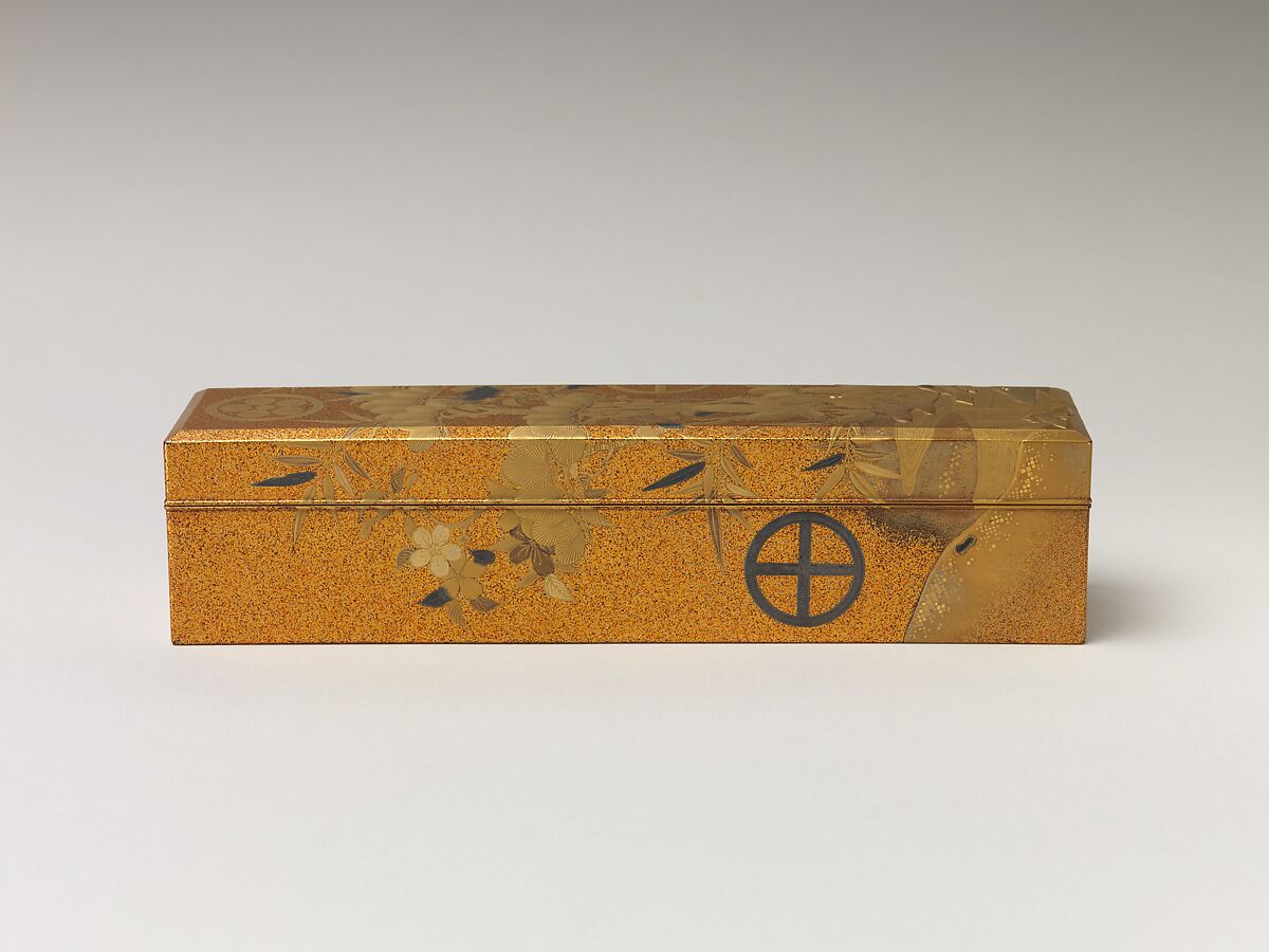 Covered Box with Design of Pine, Bamboo, and Cherry Blossom, Sprinkled gold on lacquer (maki-e), Japan