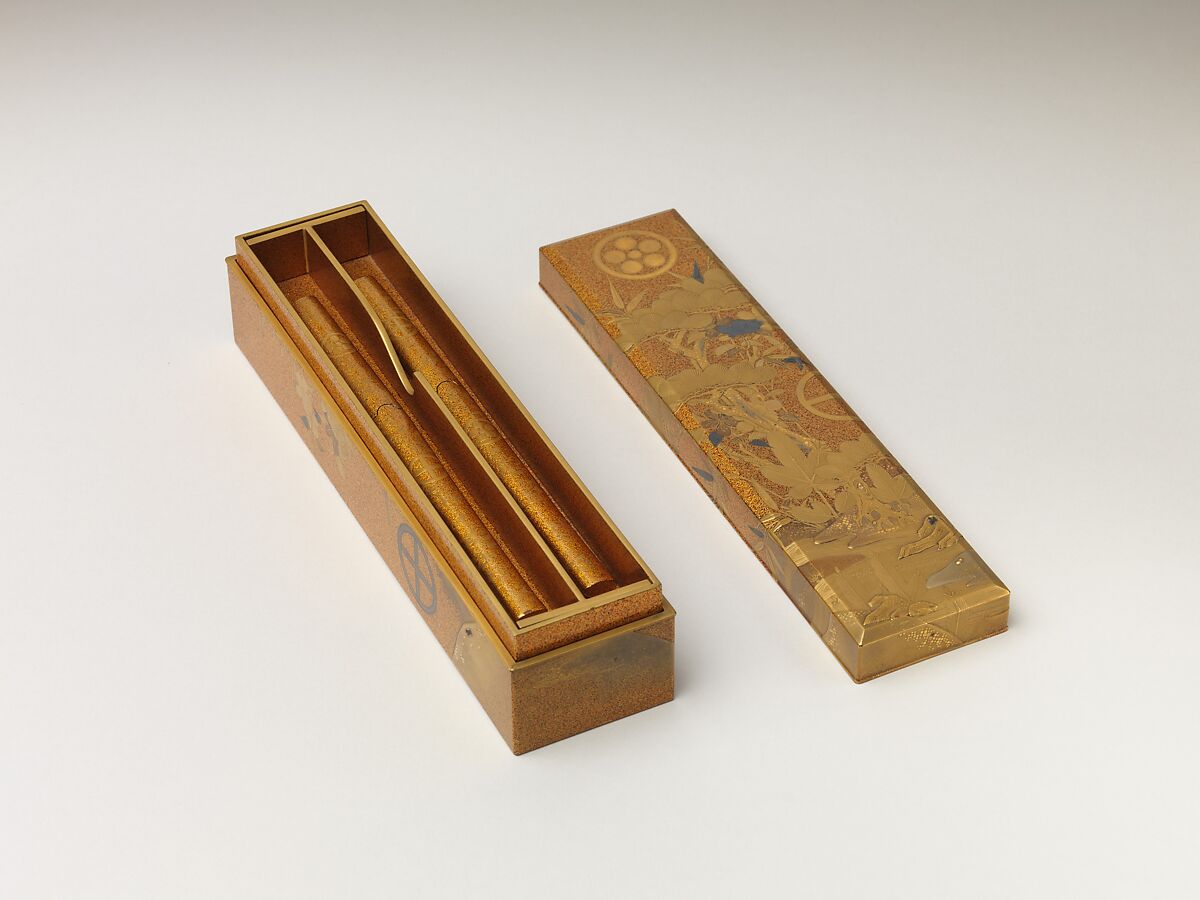 Covered Box with Design of Pine, Bamboo, and Cherry Blossom, Sprinkled gold on lacquer (maki-e), Japan