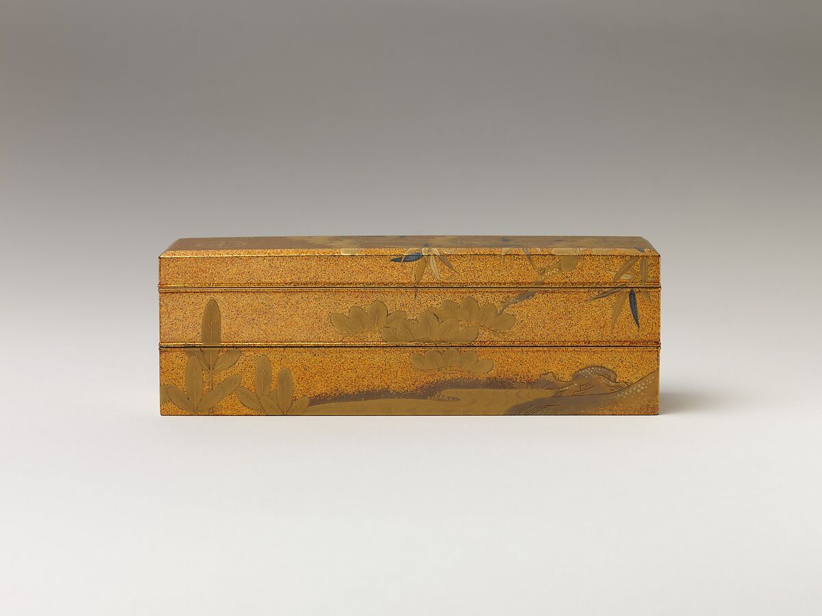 Covered Box with Design of Pine, Bamboo, and Cherry Blossom, Sprinkled gold on lacquer (maki-e), Japan