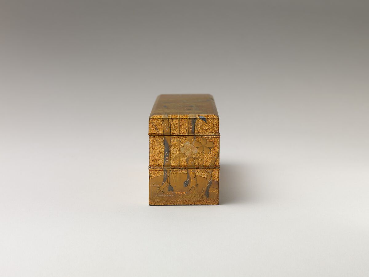 Covered Box with Design of Pine, Bamboo, and Cherry Blossom, Sprinkled gold on lacquer (maki-e), Japan