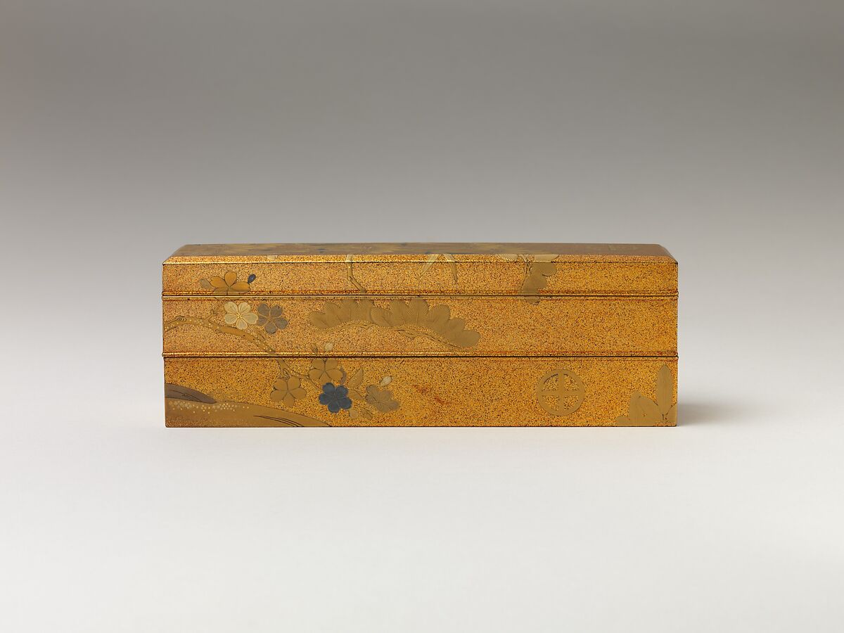 Covered Box with Design of Pine, Bamboo, and Cherry Blossom, Sprinkled gold on lacquer (maki-e), Japan