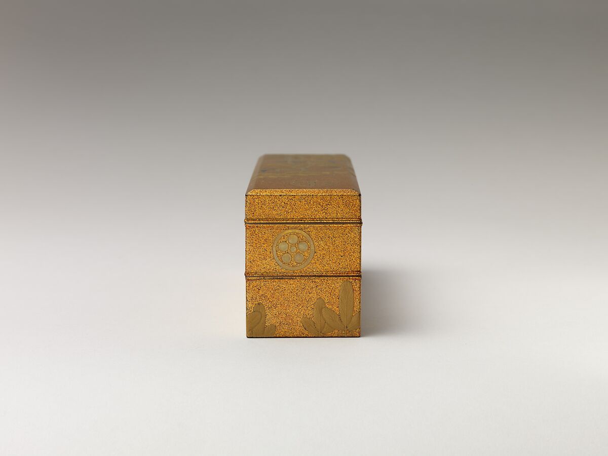 Covered Box with Design of Pine, Bamboo, and Cherry Blossom, Sprinkled gold on lacquer (maki-e), Japan
