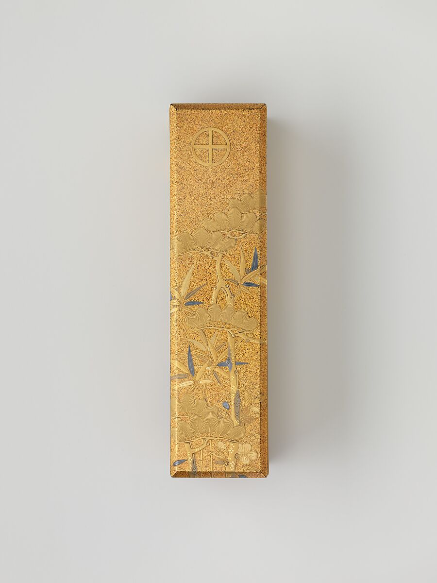 Covered Box with Design of Pine, Bamboo, and Cherry Blossom, Sprinkled gold on lacquer (maki-e), Japan