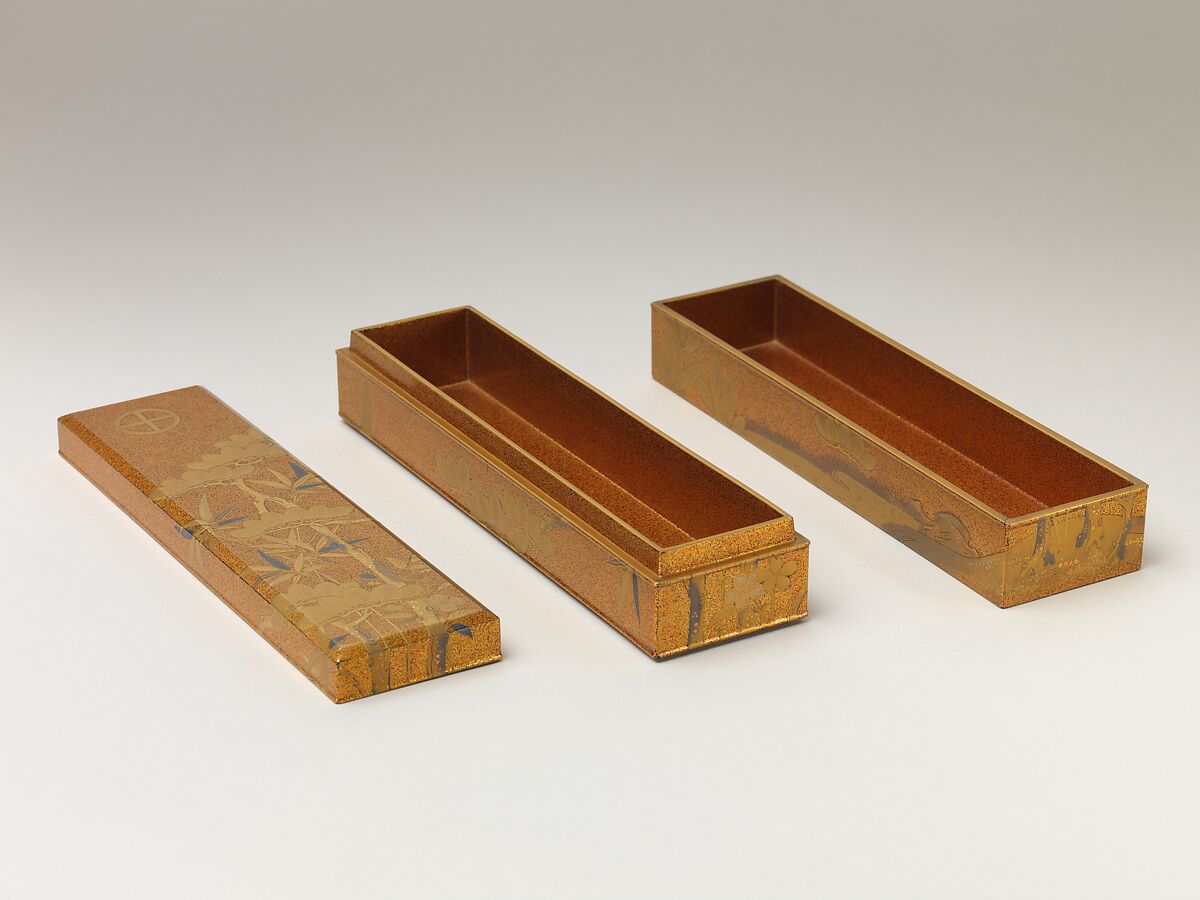 Covered Box with Design of Pine, Bamboo, and Cherry Blossom, Sprinkled gold on lacquer (maki-e), Japan