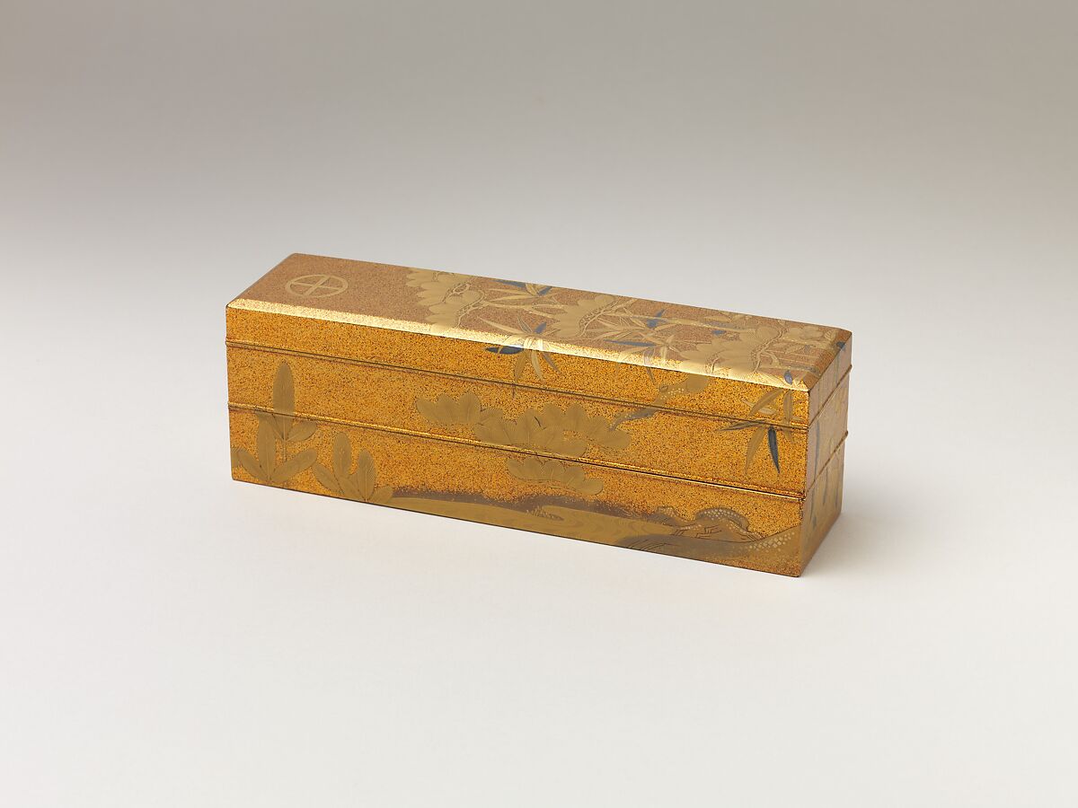 Covered Box with Design of Pine, Bamboo, and Cherry Blossom, Sprinkled gold on lacquer (maki-e), Japan 