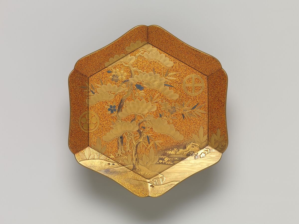 Tray with Design of Pine, Bamboo, and Cherry Blossom, Sprinkled gold on lacquer (maki-e), Japan