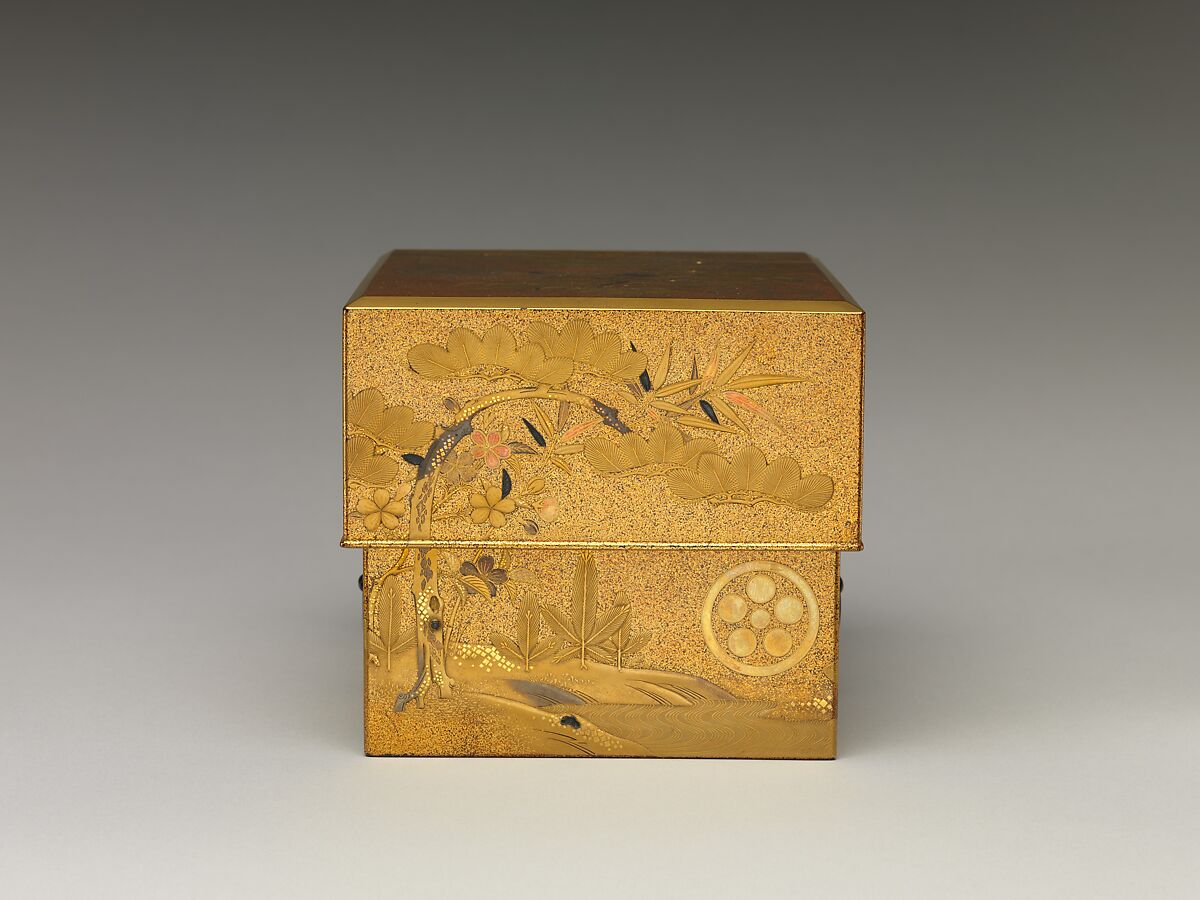 Box with Design of Pine, Bamboo, and Cherry Blossom, Sprinkled gold on lacquer (maki-e), Japan