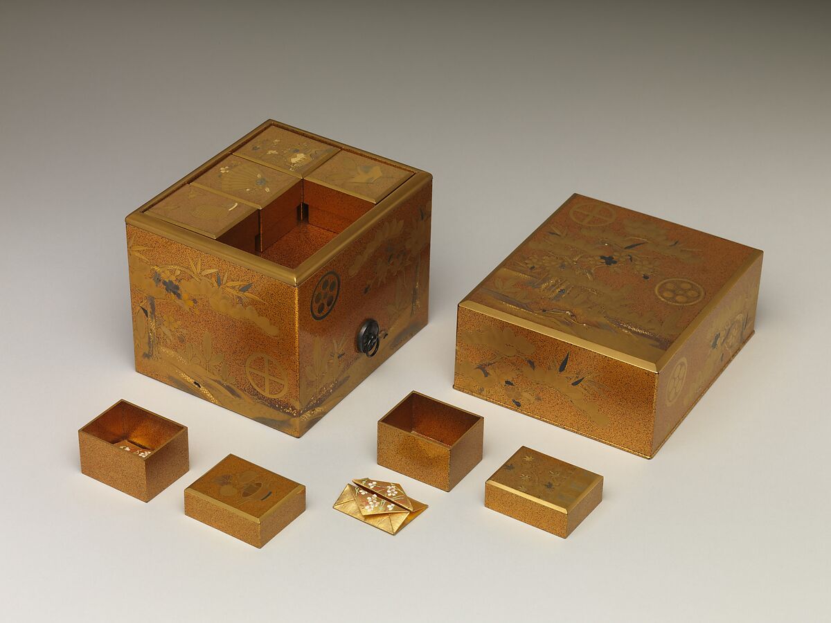 Box with Design of Pine, Bamboo, and Cherry Blossom, Sprinkled gold on lacquer (maki-e), Japan 