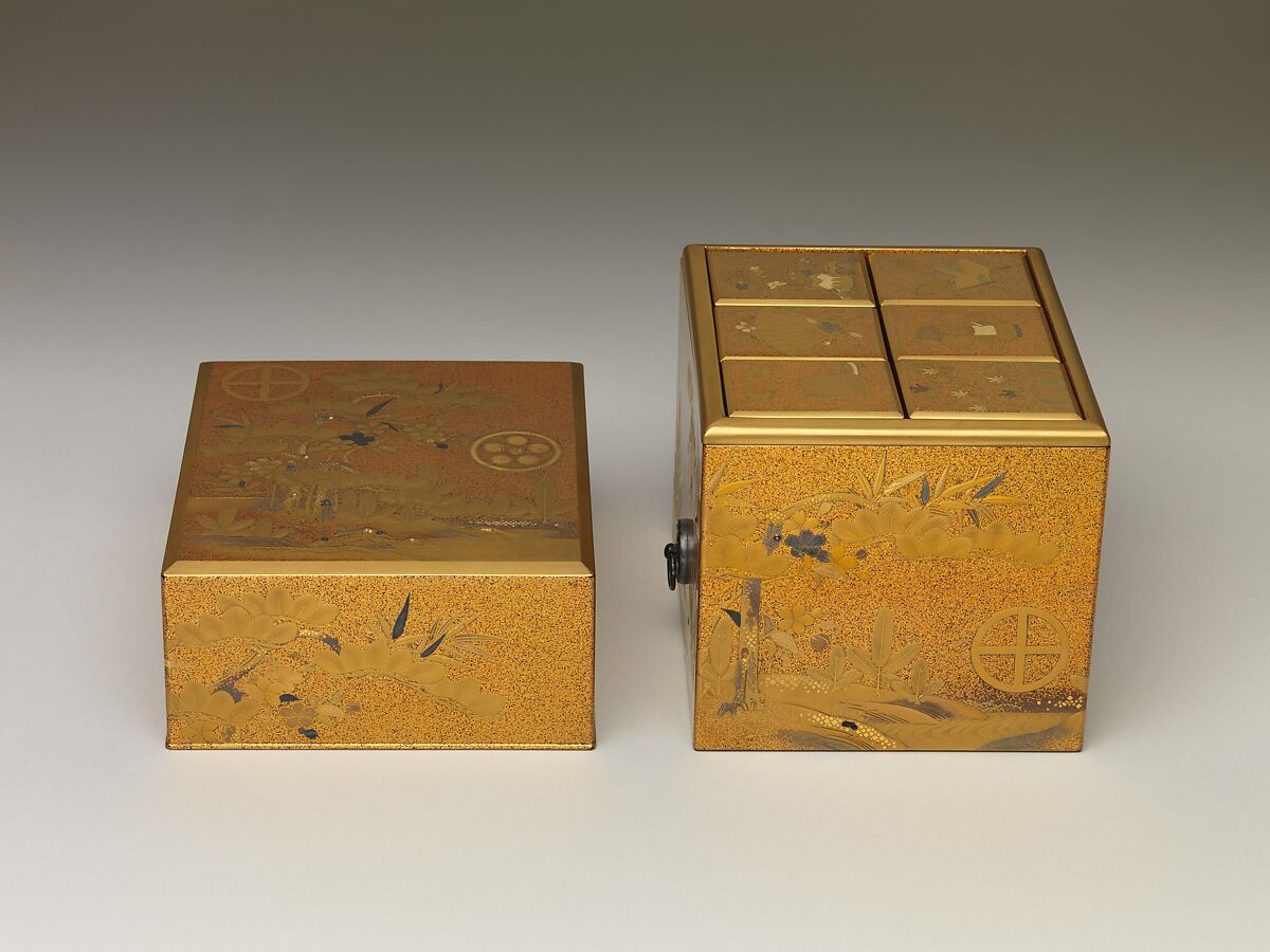 Box with Design of Pine, Bamboo, and Cherry Blossom, Sprinkled gold on lacquer (maki-e), Japan