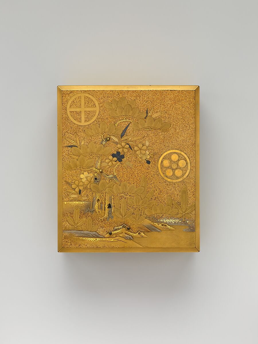 Box with Design of Pine, Bamboo, and Cherry Blossom, Sprinkled gold on lacquer (maki-e), Japan