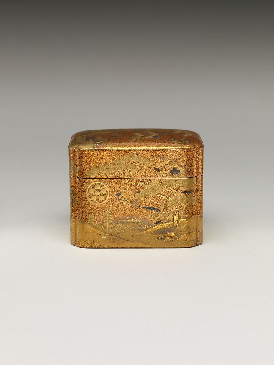 Box with Design of Pine, Bamboo, and Cherry Blossom, Sprinkled gold on lacquer (maki-e), Japan