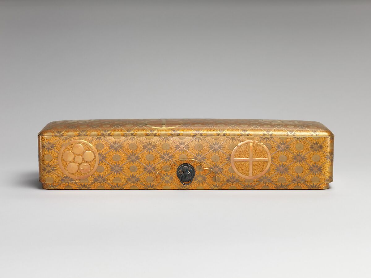 Letter Box with Pine, Bamboo, Plum Blossom, and Family Crests, Lacquered wood with gold and silver hiramaki-e, cut-out gold foil on nashiji ground (part of a wedding set), Japan