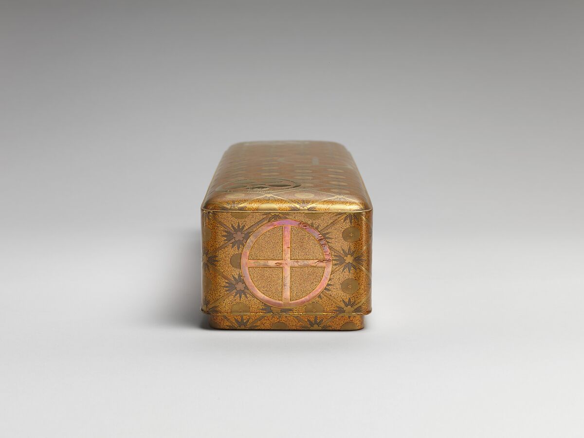 Letter Box with Pine, Bamboo, Plum Blossom, and Family Crests, Lacquered wood with gold and silver hiramaki-e, cut-out gold foil on nashiji ground (part of a wedding set), Japan