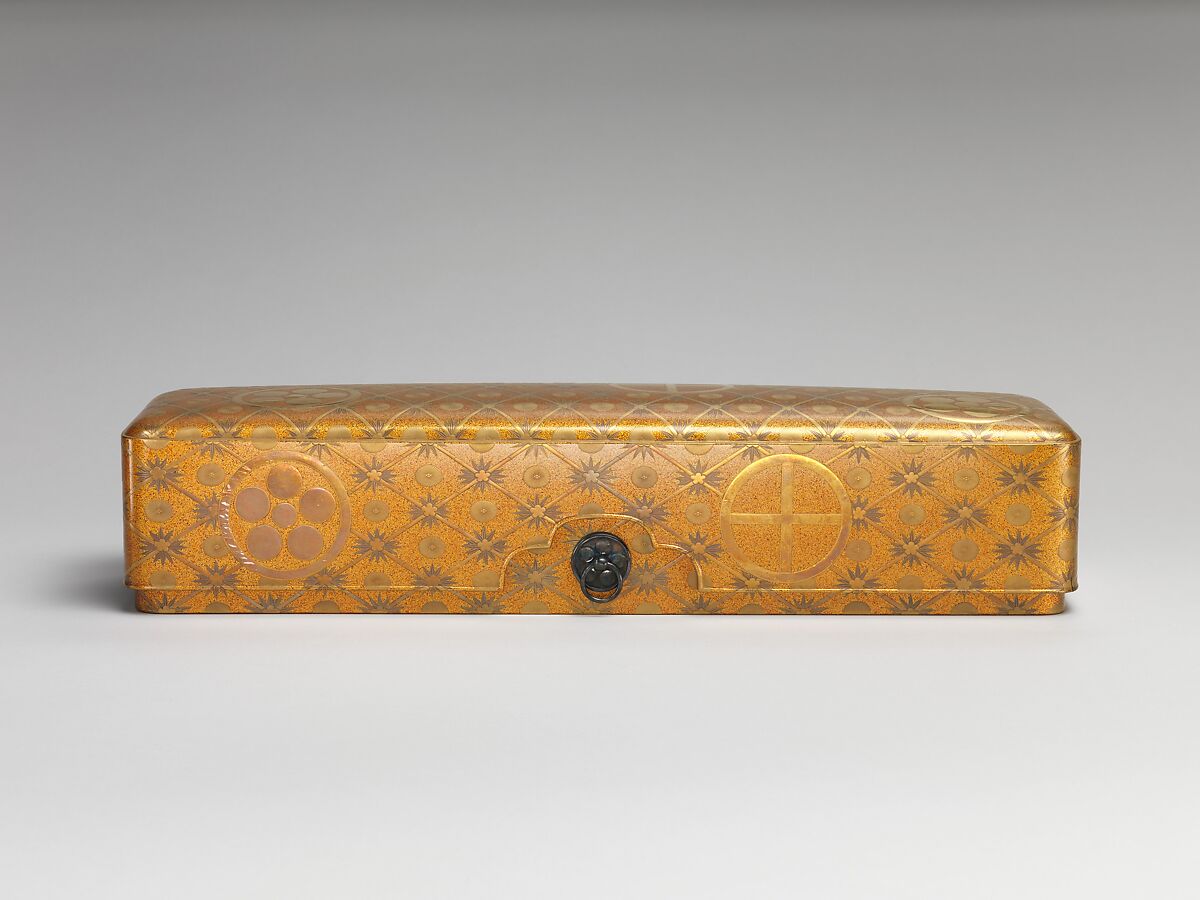 Letter Box with Pine, Bamboo, Plum Blossom, and Family Crests, Lacquered wood with gold and silver hiramaki-e, cut-out gold foil on nashiji ground (part of a wedding set), Japan