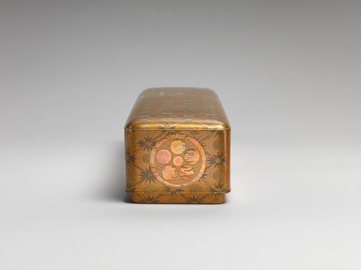 Letter Box with Pine, Bamboo, Plum Blossom, and Family Crests, Lacquered wood with gold and silver hiramaki-e, cut-out gold foil on nashiji ground (part of a wedding set), Japan