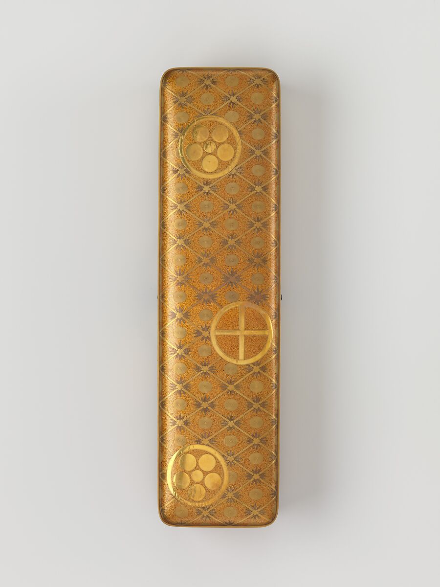 Letter Box with Pine, Bamboo, Plum Blossom, and Family Crests, Lacquered wood with gold and silver hiramaki-e, cut-out gold foil on nashiji ground (part of a wedding set), Japan