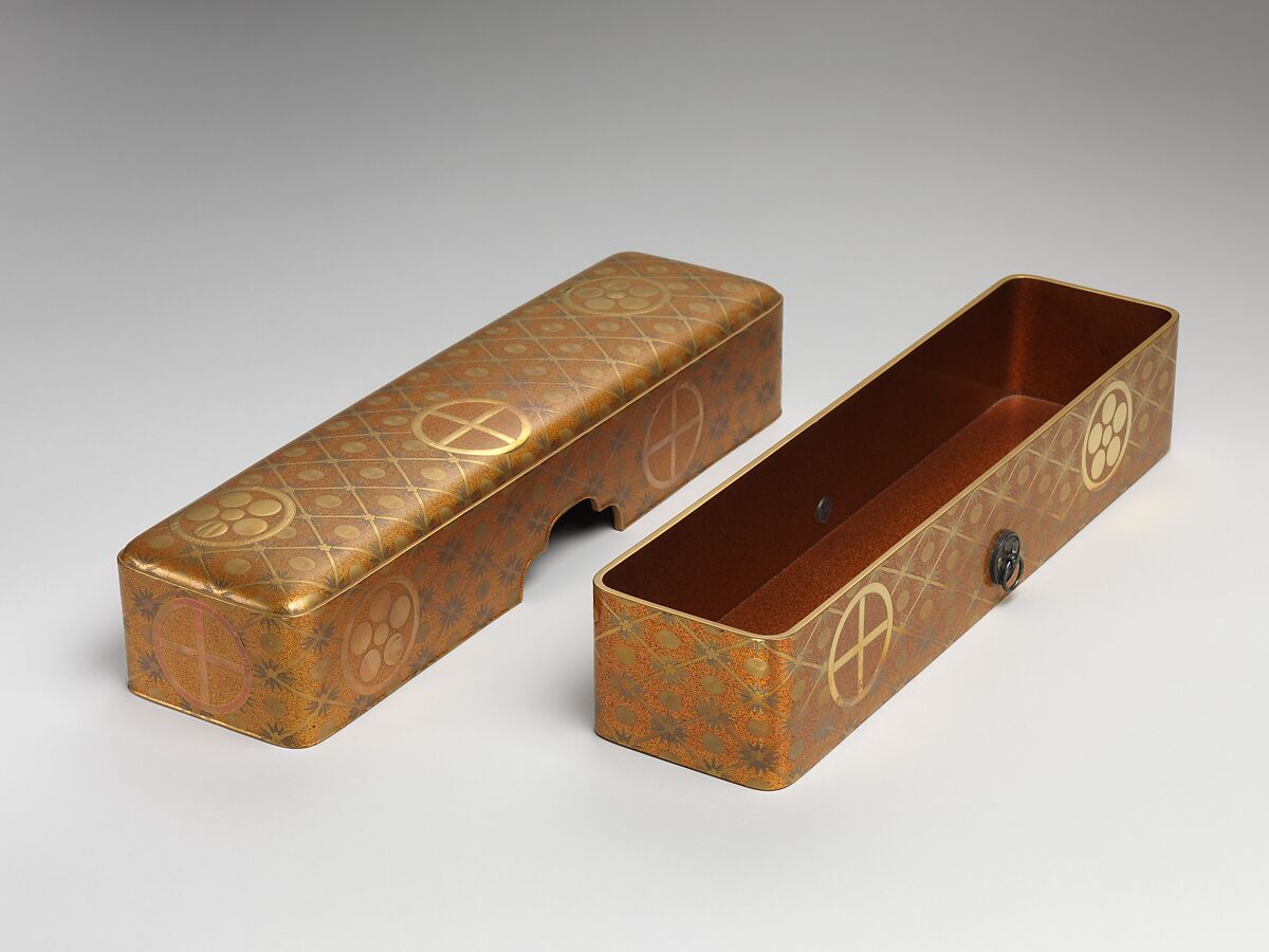 Letter Box with Pine, Bamboo, Plum Blossom, and Family Crests, Lacquered wood with gold and silver hiramaki-e, cut-out gold foil on nashiji ground (part of a wedding set), Japan