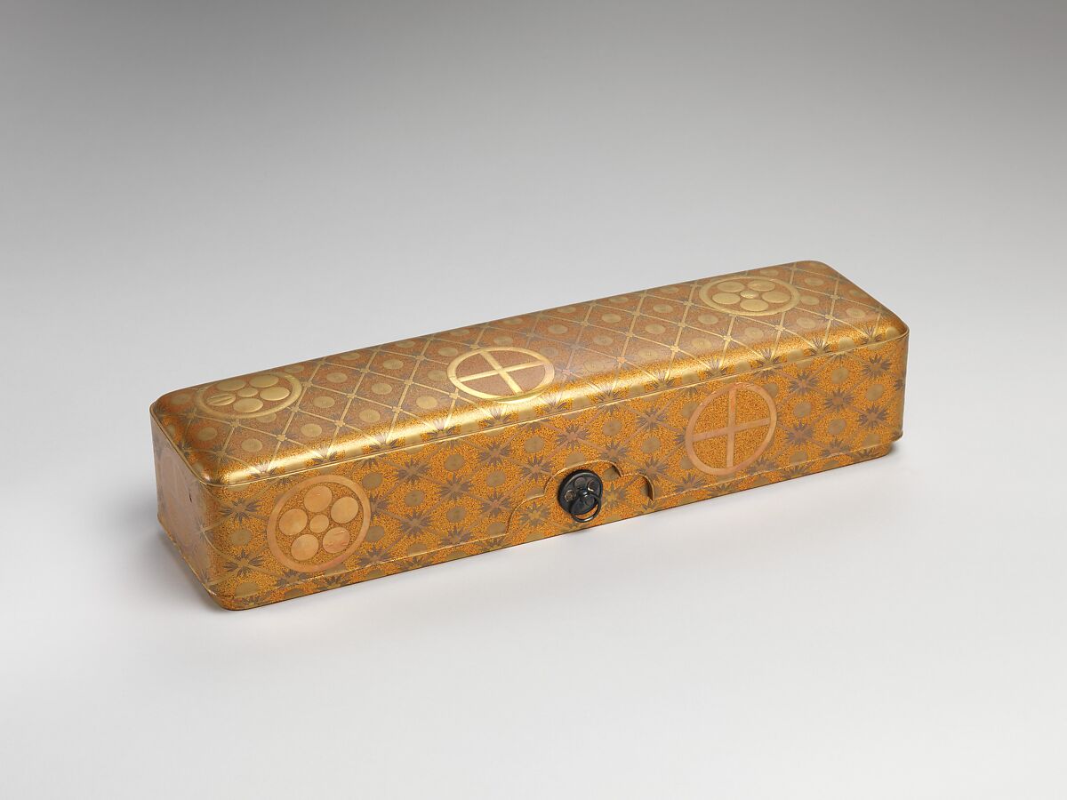 Letter Box with Pine, Bamboo, Plum Blossom, and Family Crests, Lacquered wood with gold and silver hiramaki-e, cut-out gold foil on nashiji ground (part of a wedding set), Japan 