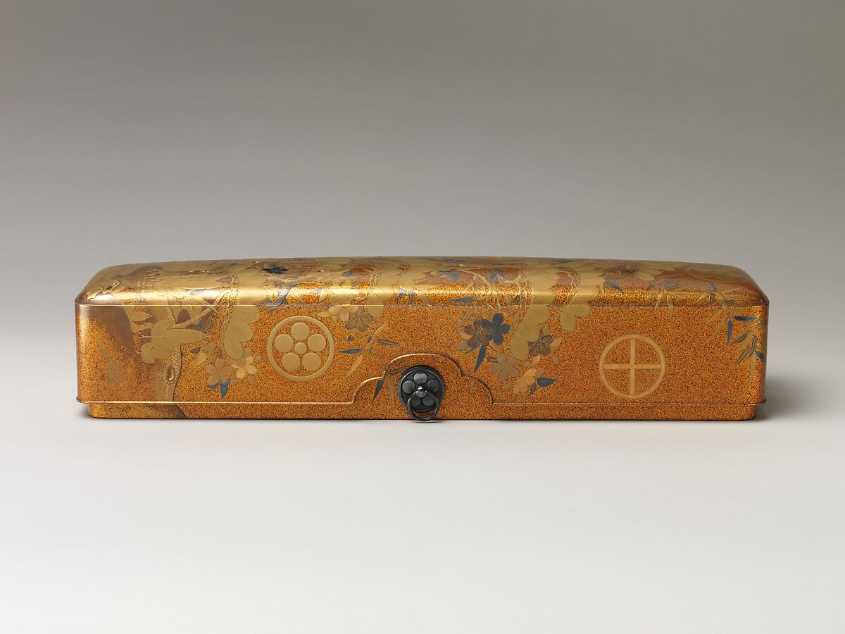 Letter Box with Pine, Bamboo, Plum Blossom, and Family Crests, Lacquered wood with gold and silver hiramaki-e, cut-out gold foil on nashiji ground (part of a wedding set), Japan