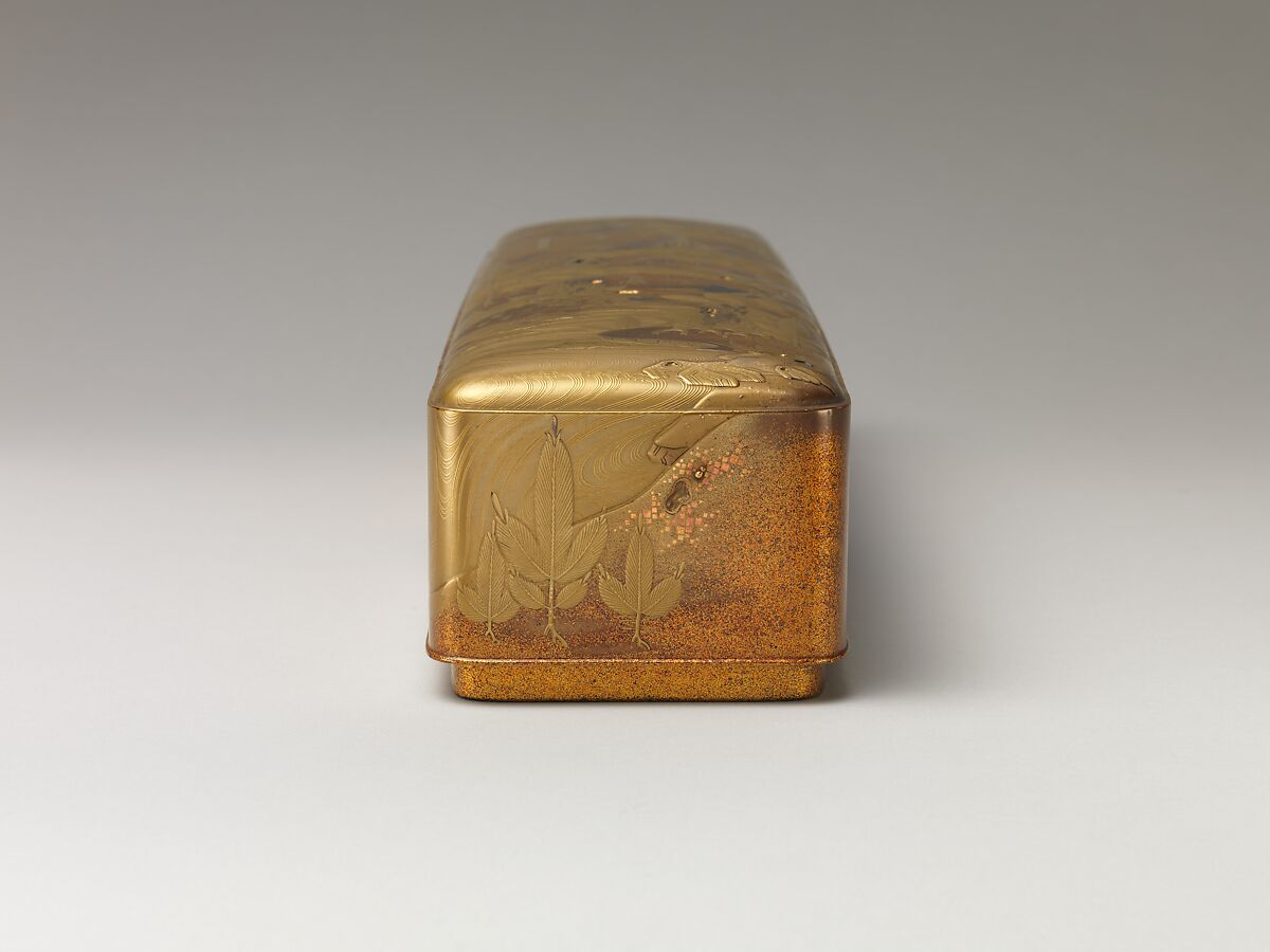 Letter Box with Pine, Bamboo, Plum Blossom, and Family Crests, Lacquered wood with gold and silver hiramaki-e, cut-out gold foil on nashiji ground (part of a wedding set), Japan