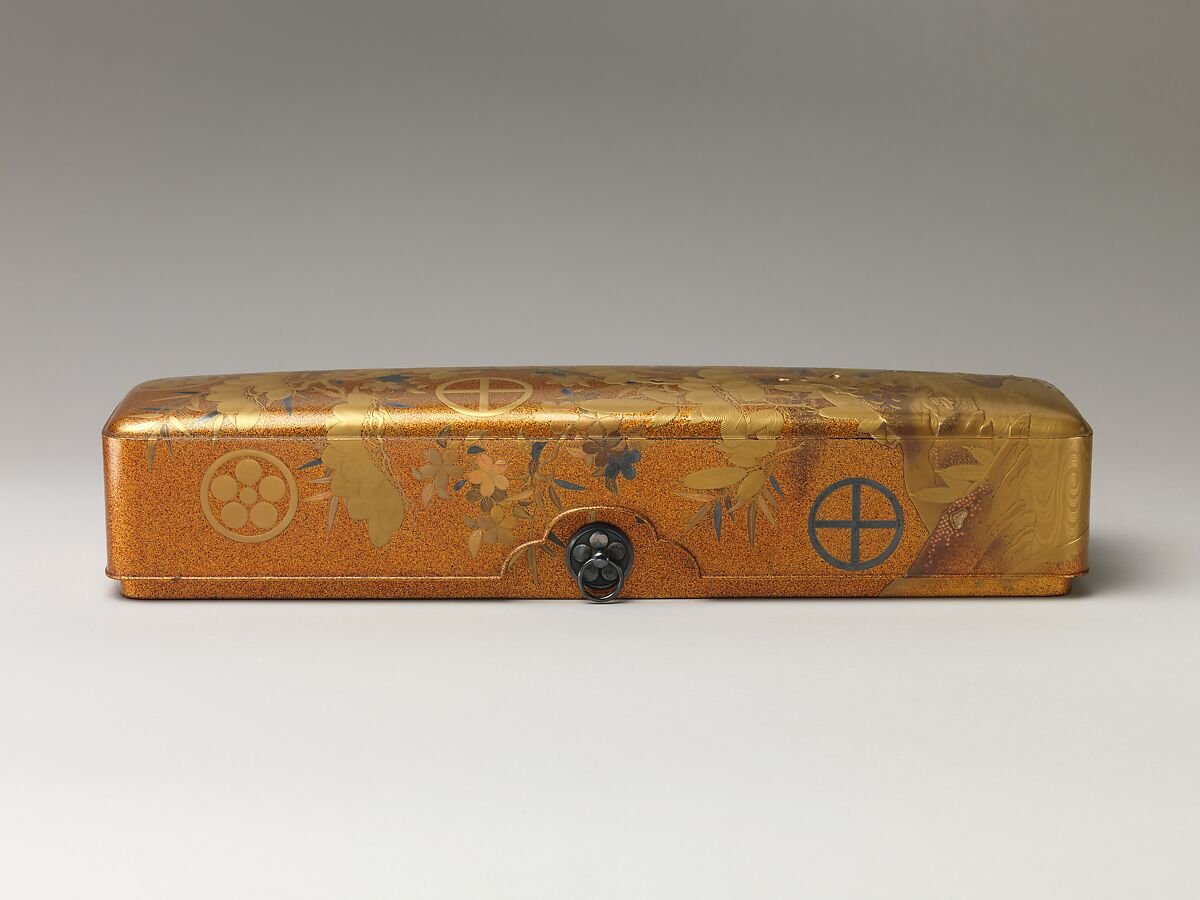 Letter Box with Pine, Bamboo, Plum Blossom, and Family Crests, Lacquered wood with gold and silver hiramaki-e, cut-out gold foil on nashiji ground (part of a wedding set), Japan