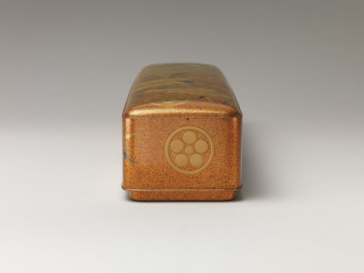 Letter Box with Pine, Bamboo, Plum Blossom, and Family Crests, Lacquered wood with gold and silver hiramaki-e, cut-out gold foil on nashiji ground (part of a wedding set), Japan