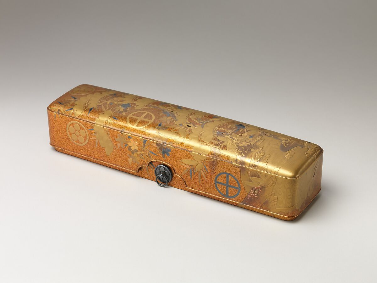 Letter Box with Pine, Bamboo, Plum Blossom, and Family Crests, Lacquered wood with gold and silver hiramaki-e, cut-out gold foil on nashiji ground (part of a wedding set), Japan 