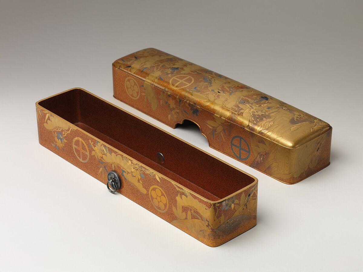 Letter Box with Pine, Bamboo, Plum Blossom, and Family Crests, Lacquered wood with gold and silver hiramaki-e, cut-out gold foil on nashiji ground (part of a wedding set), Japan