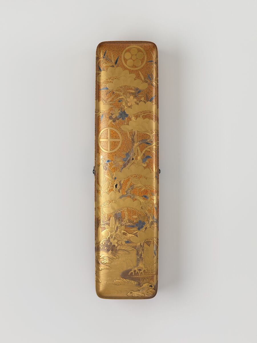 Letter Box with Pine, Bamboo, Plum Blossom, and Family Crests, Lacquered wood with gold and silver hiramaki-e, cut-out gold foil on nashiji ground (part of a wedding set), Japan