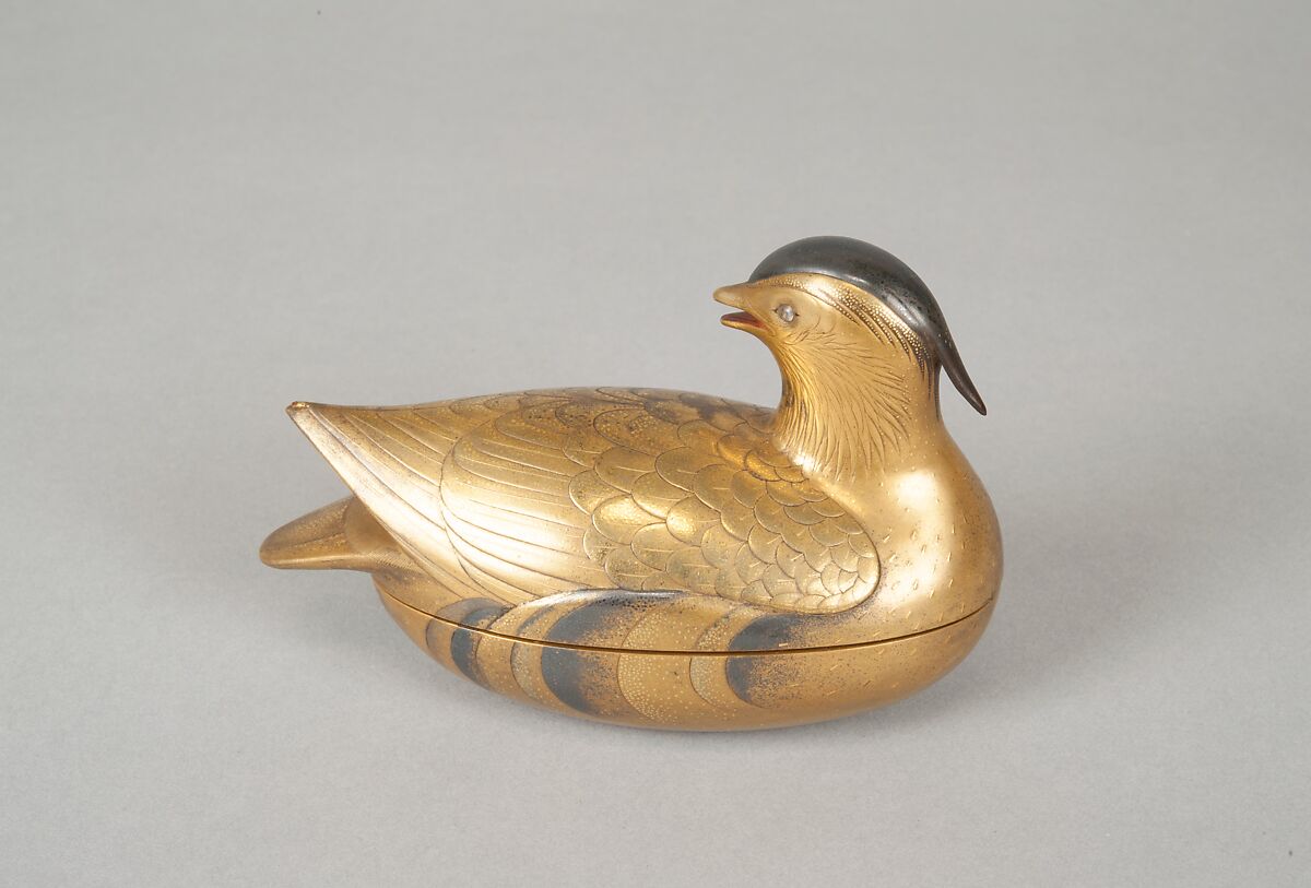 Pair of Incense Boxes (Kōgō) in the Shape of Mandarin Ducks, Lacquered wood with gold and silver takamaki-e, hiramaki-e, and togidashimaki-e, cutout gold foil application, Japan