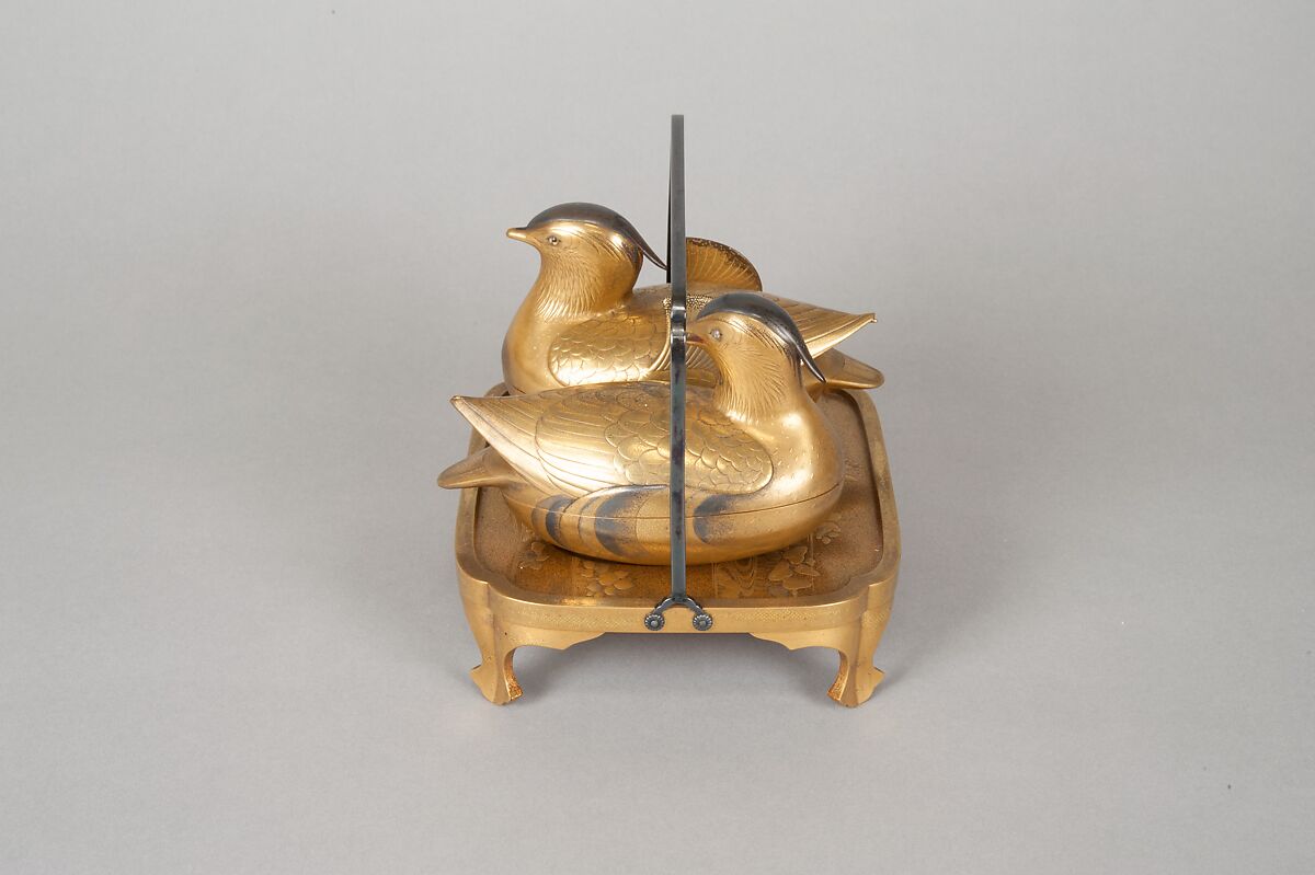 Pair of Incense Boxes (Kōgō) in the Shape of Mandarin Ducks, Lacquered wood with gold and silver takamaki-e, hiramaki-e, and togidashimaki-e, cutout gold foil application, Japan