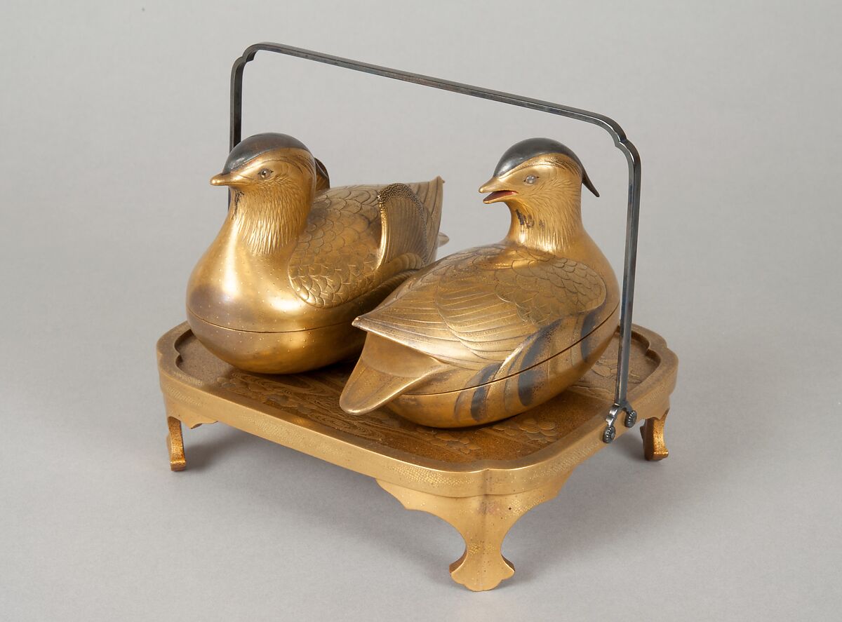 Pair of Incense Boxes (Kōgō) in the Shape of Mandarin Ducks, Lacquered wood with gold and silver takamaki-e, hiramaki-e, and togidashimaki-e, cutout gold foil application, Japan 