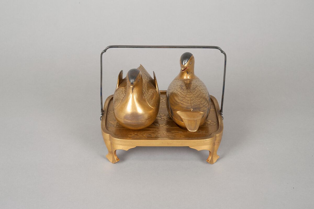Pair of Incense Boxes (Kōgō) in the Shape of Mandarin Ducks, Lacquered wood with gold and silver takamaki-e, hiramaki-e, and togidashimaki-e, cutout gold foil application, Japan