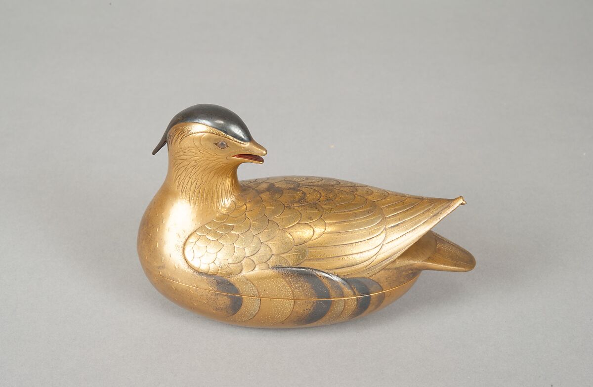 Pair of Incense Boxes (Kōgō) in the Shape of Mandarin Ducks, Lacquered wood with gold and silver takamaki-e, hiramaki-e, and togidashimaki-e, cutout gold foil application, Japan