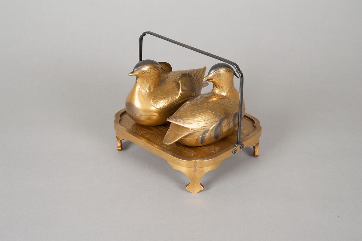 Pair of Incense Boxes (Kōgō) in the Shape of Mandarin Ducks, Lacquered wood with gold and silver takamaki-e, hiramaki-e, and togidashimaki-e, cutout gold foil application, Japan