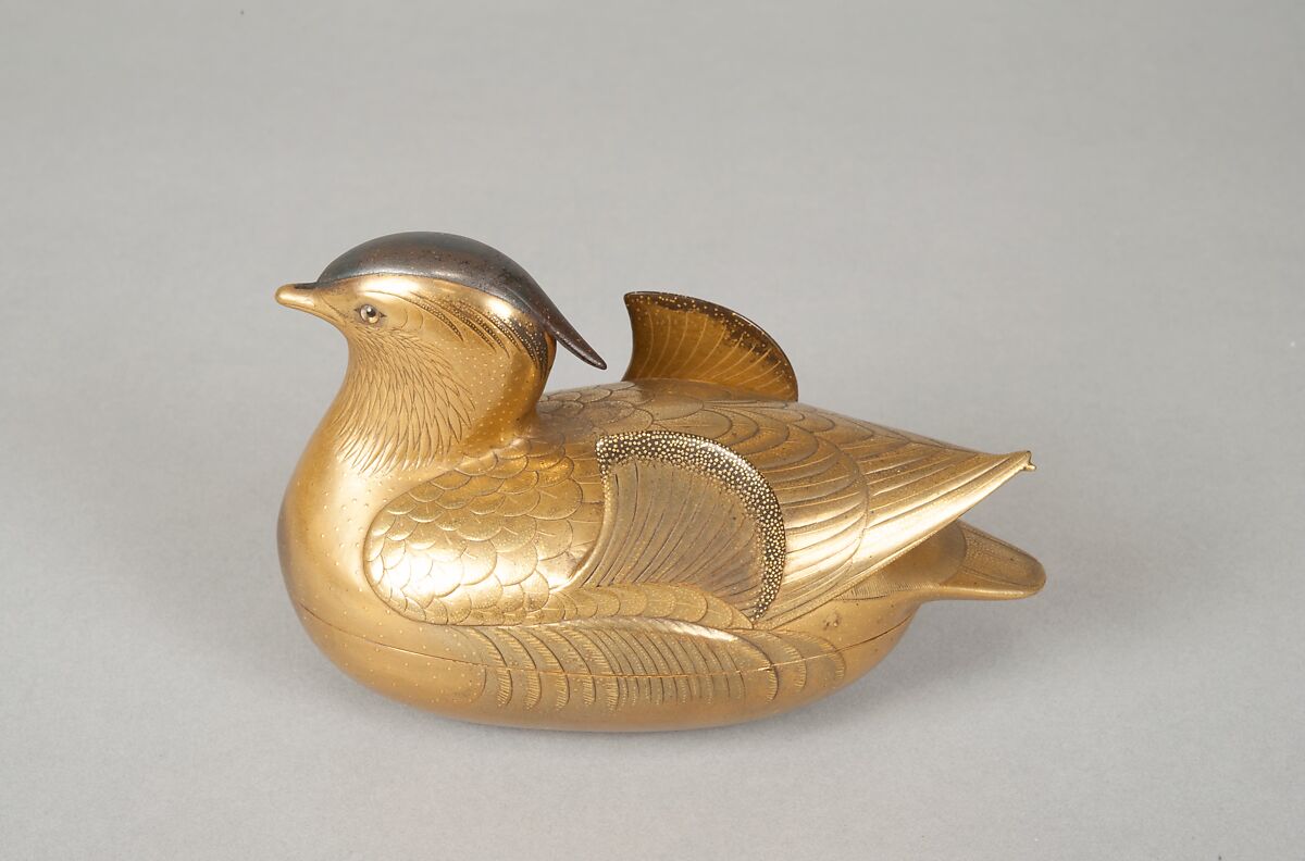 Pair of Incense Boxes (Kōgō) in the Shape of Mandarin Ducks, Lacquered wood with gold and silver takamaki-e, hiramaki-e, and togidashimaki-e, cutout gold foil application, Japan