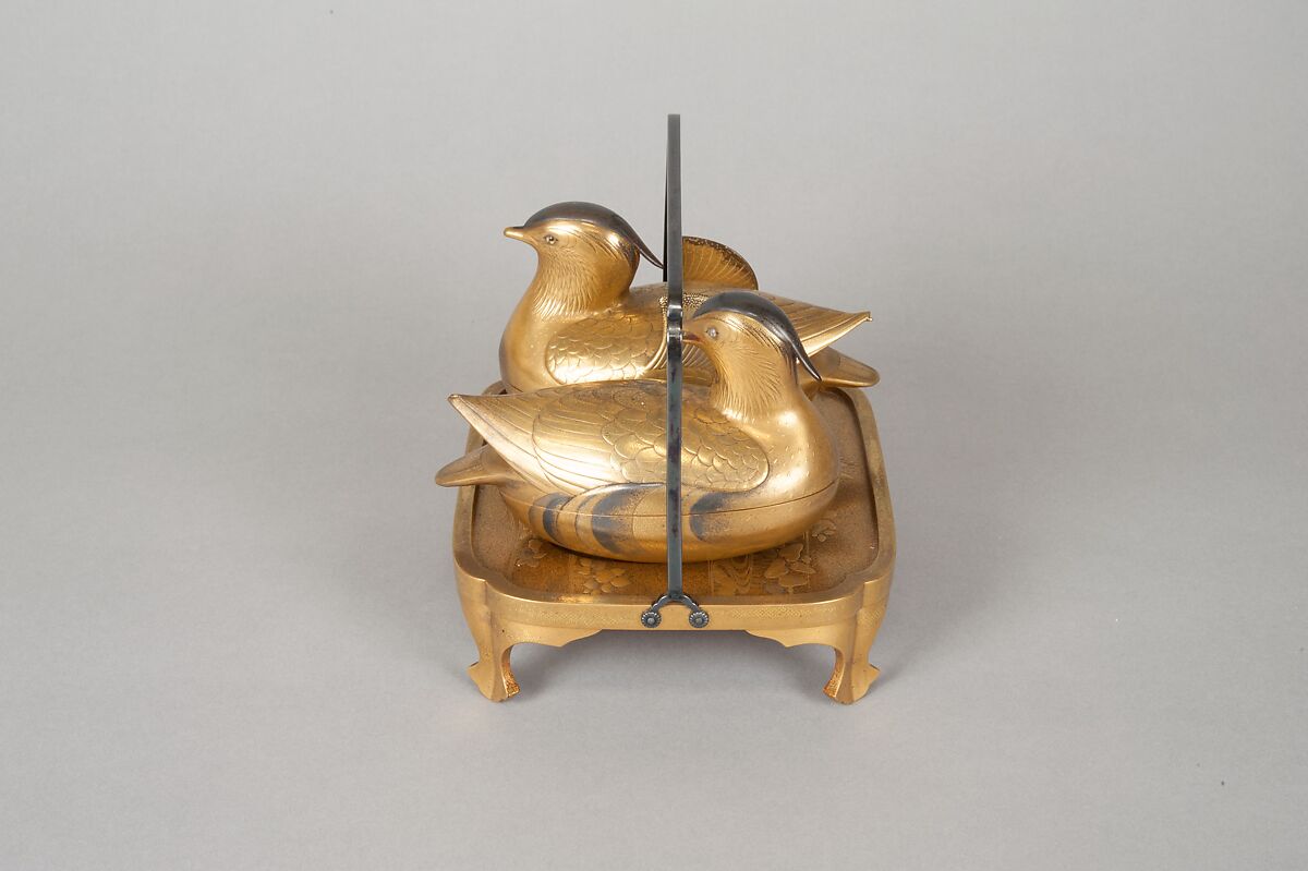Pair of Incense Boxes (Kōgō) in the Shape of Mandarin Ducks, Lacquered wood with gold and silver takamaki-e, hiramaki-e, and togidashimaki-e, cutout gold foil application, Japan