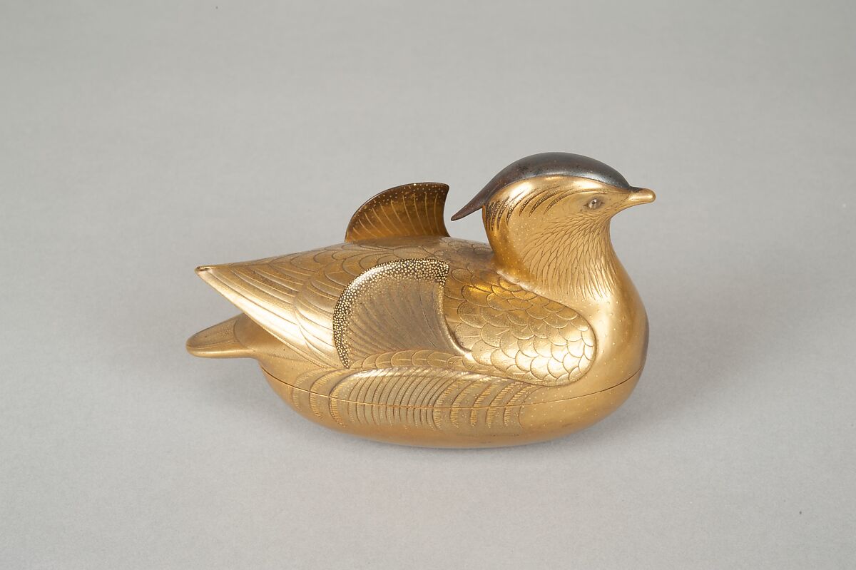 Pair of Incense Boxes (Kōgō) in the Shape of Mandarin Ducks, Lacquered wood with gold and silver takamaki-e, hiramaki-e, and togidashimaki-e, cutout gold foil application, Japan
