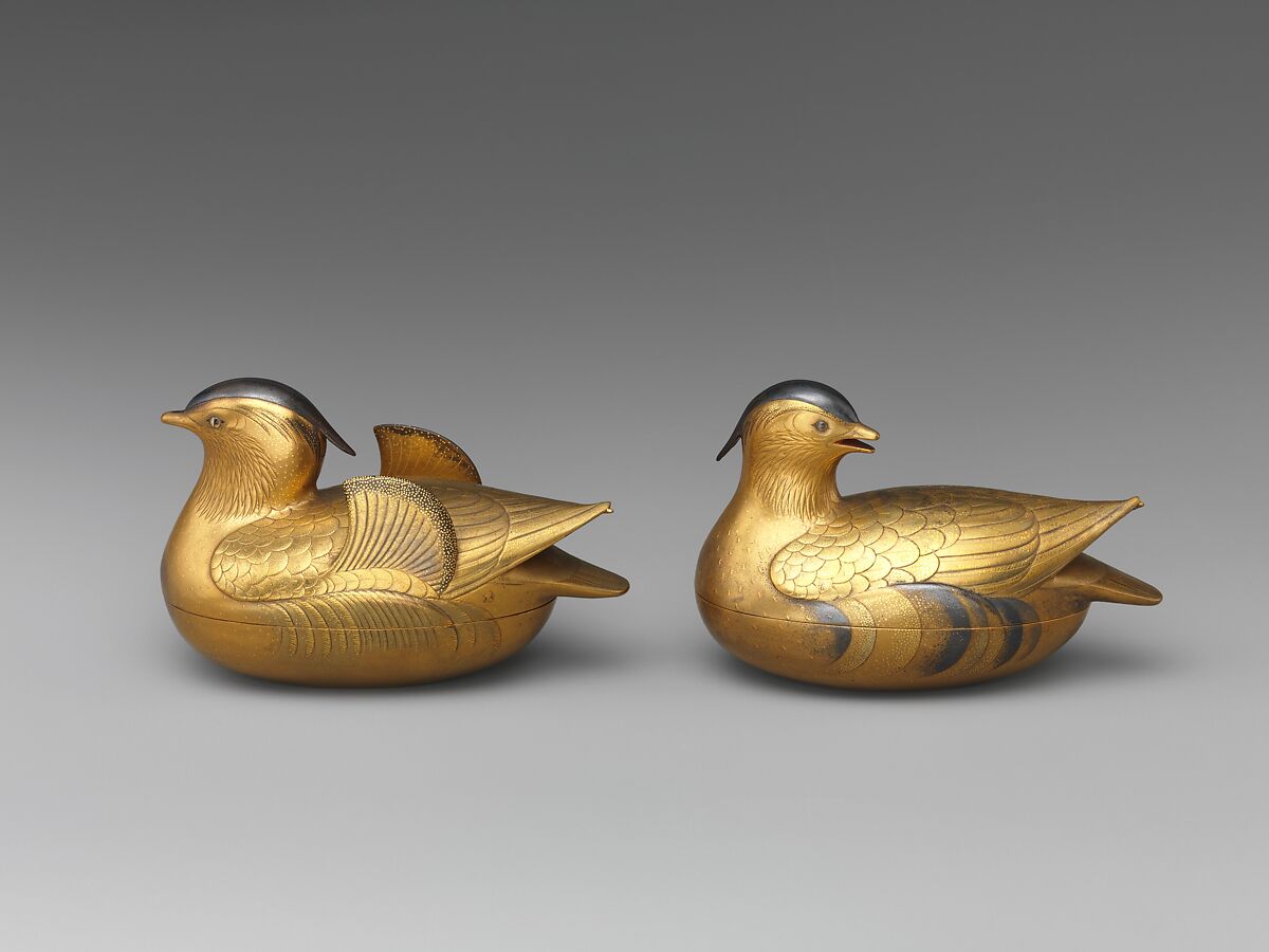 Pair of Incense Boxes (Kōgō) in the Shape of Mandarin Ducks, Lacquered wood with gold and silver takamaki-e, hiramaki-e, and togidashimaki-e, cutout gold foil application, Japan