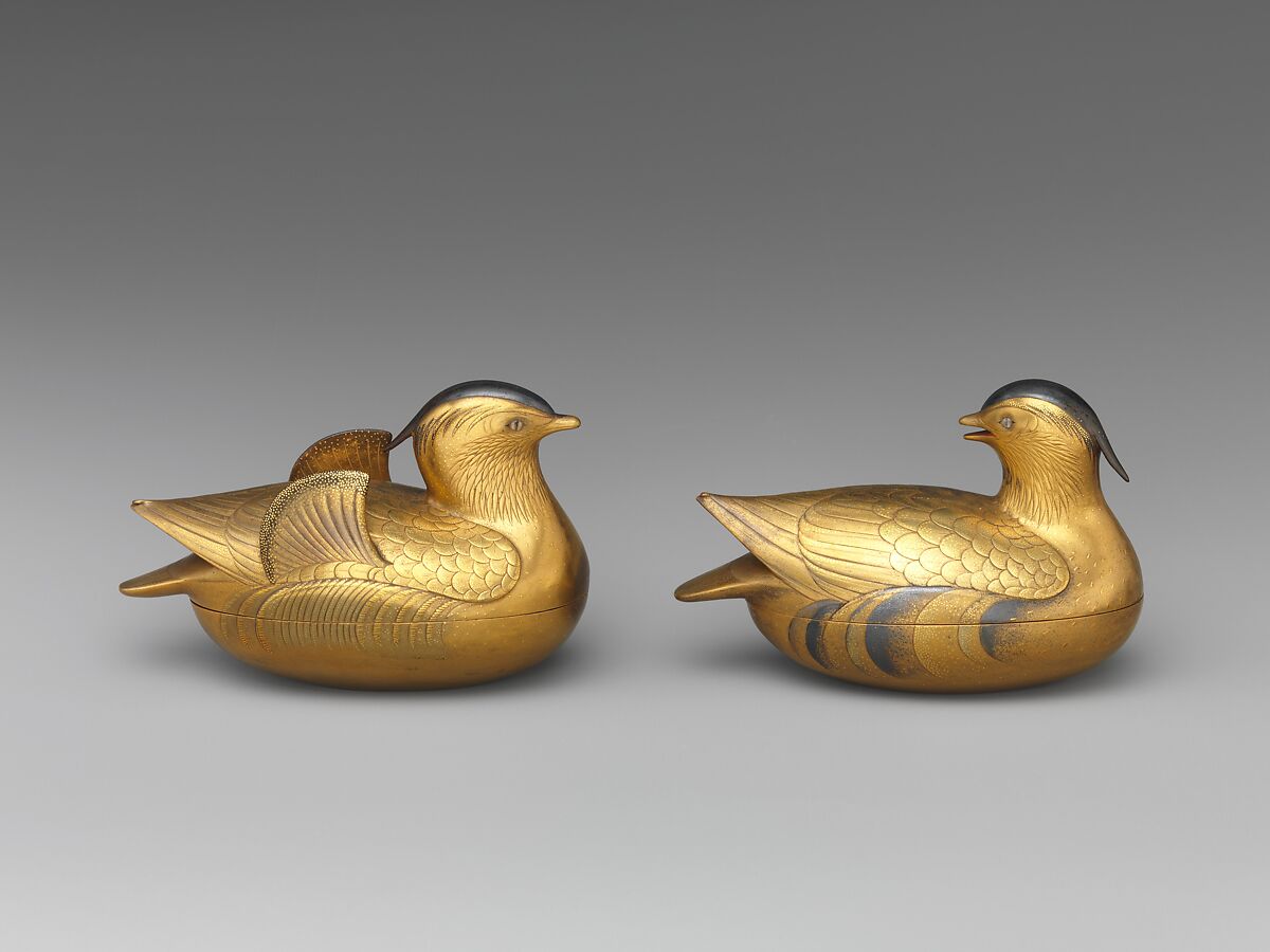 Pair of Incense Boxes (Kōgō) in the Shape of Mandarin Ducks, Lacquered wood with gold and silver takamaki-e, hiramaki-e, and togidashimaki-e, cutout gold foil application, Japan