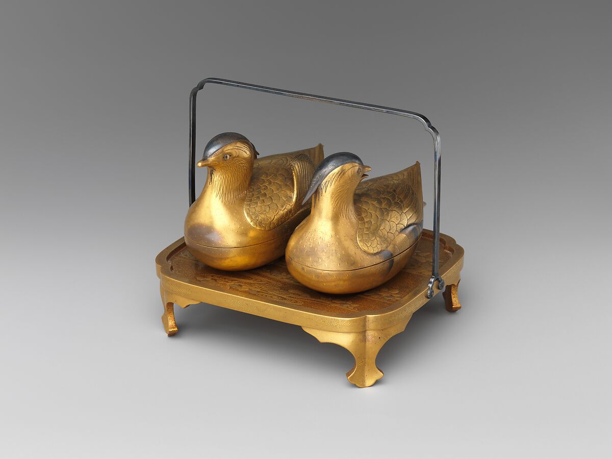 Pair of Incense Boxes (Kōgō) in the Shape of Mandarin Ducks, Lacquered wood with gold and silver takamaki-e, hiramaki-e, and togidashimaki-e, cutout gold foil application, Japan